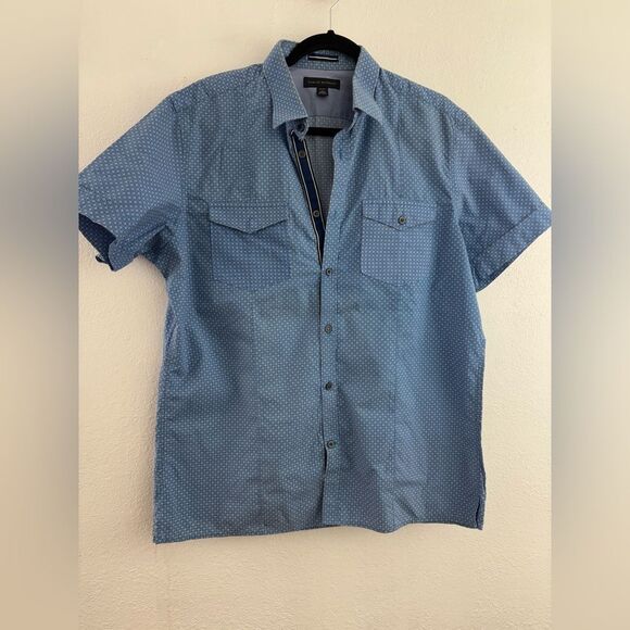 Banana Republic Tailored slim box print button down short sleeve blue shirt L - Picture 1 of 6